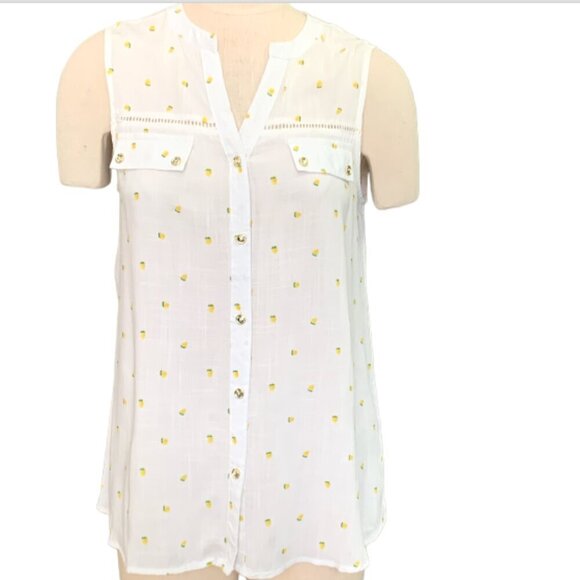 Ember Sleeveless Button Down Top White w/ Yellow Flowers Sz L #110K - Picture 1 of 9